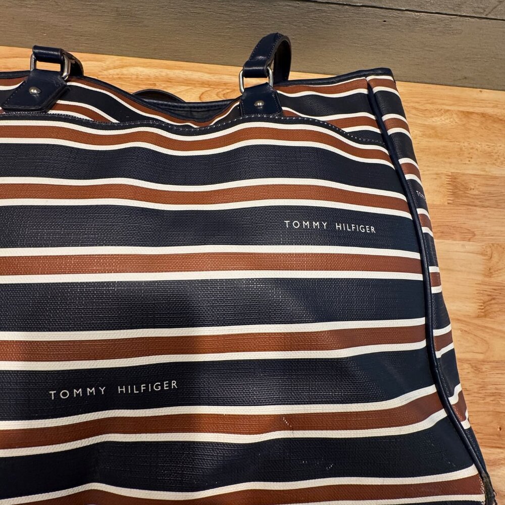 Tommy Hilfiger Blue White Reddish Brown Stripes Tote Shoulder Bag Large Purse - Picture 5 of 10